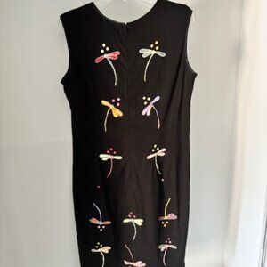 Pong Sheath Dress 12 Black Embroidered Dragonflies Artsy Whimsical Modern Boho